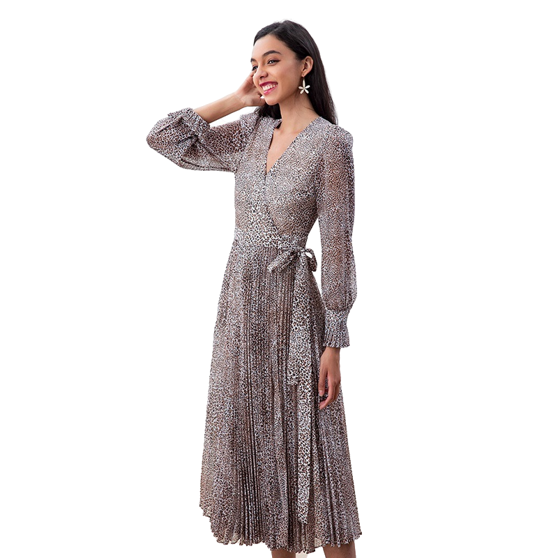 JJparty-D262 Women leopard print chiffon long puff sleeves wrap design pleated midi dress