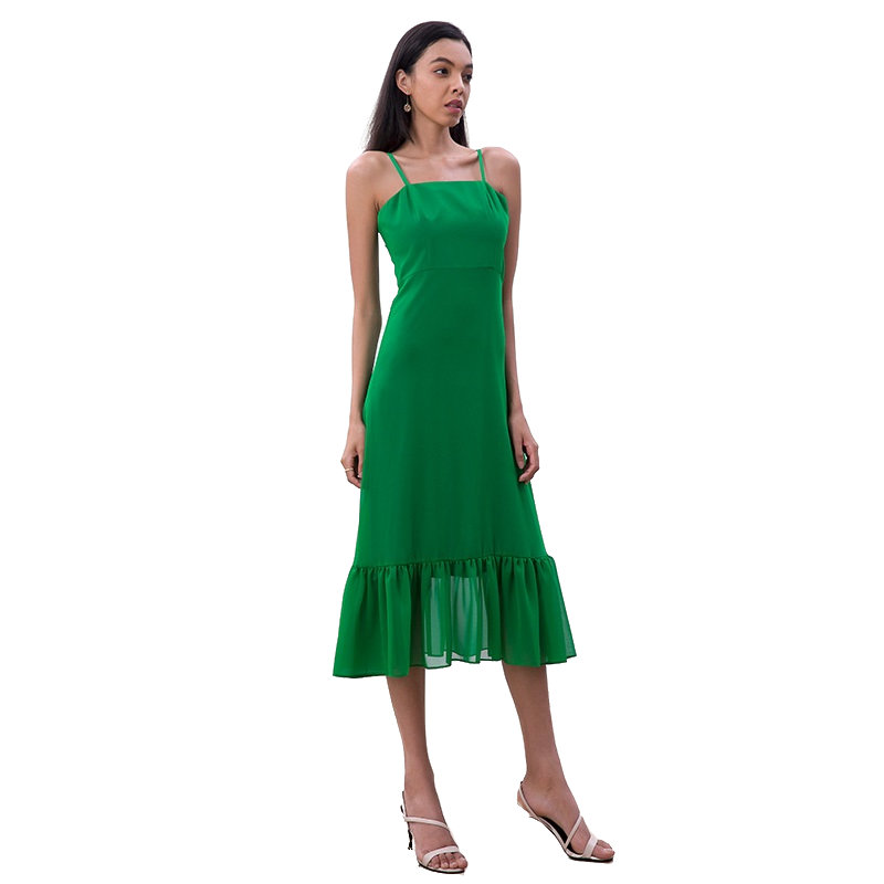 JJparty-D261-1 Women solid chiffon strappy tiered ruffle flared midi party dress