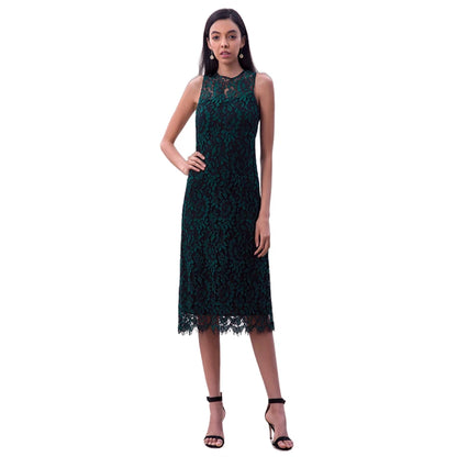 JJparty-D098-4 Women Two-tone floral leaf eyelash lace sleeveless straight-cut party midi dress