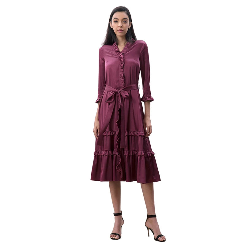 JJparty-D083-2 Women solid satin three quarters sleeves ruffle detailing tiered midi wrap dress