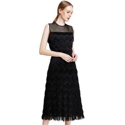 JJparty-D003 Women multi layers fringes sleeveless midi party dress