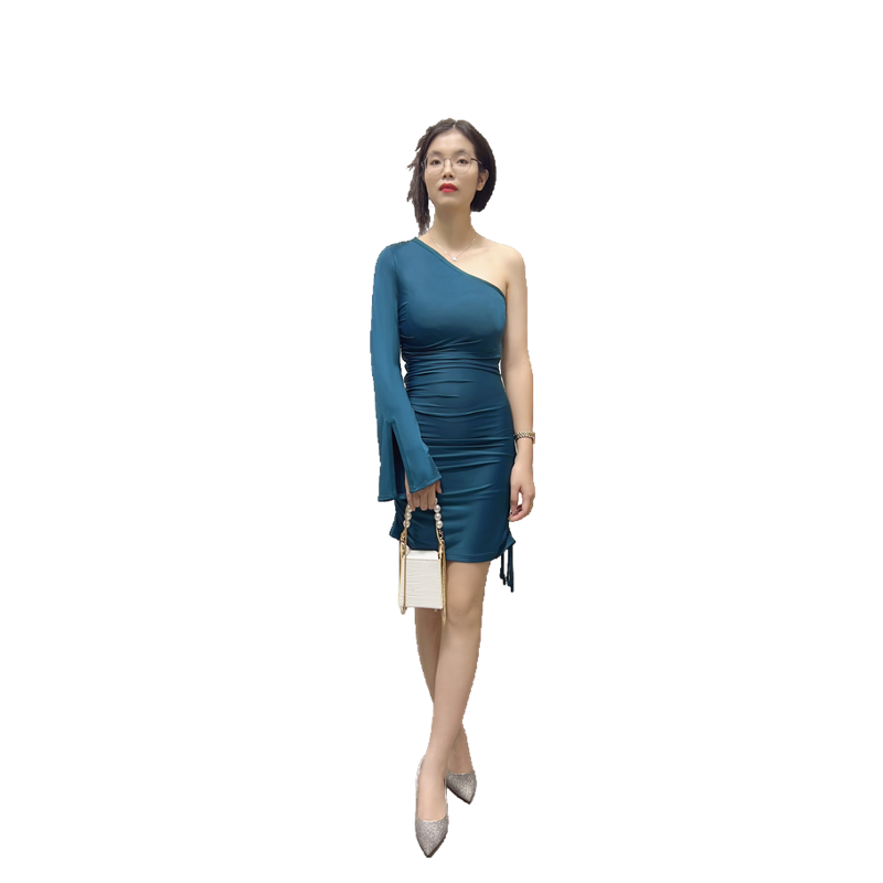 JJparty-D406 Women solid one-shoulder long sleeve ruched stretch-jersey bodycon dress