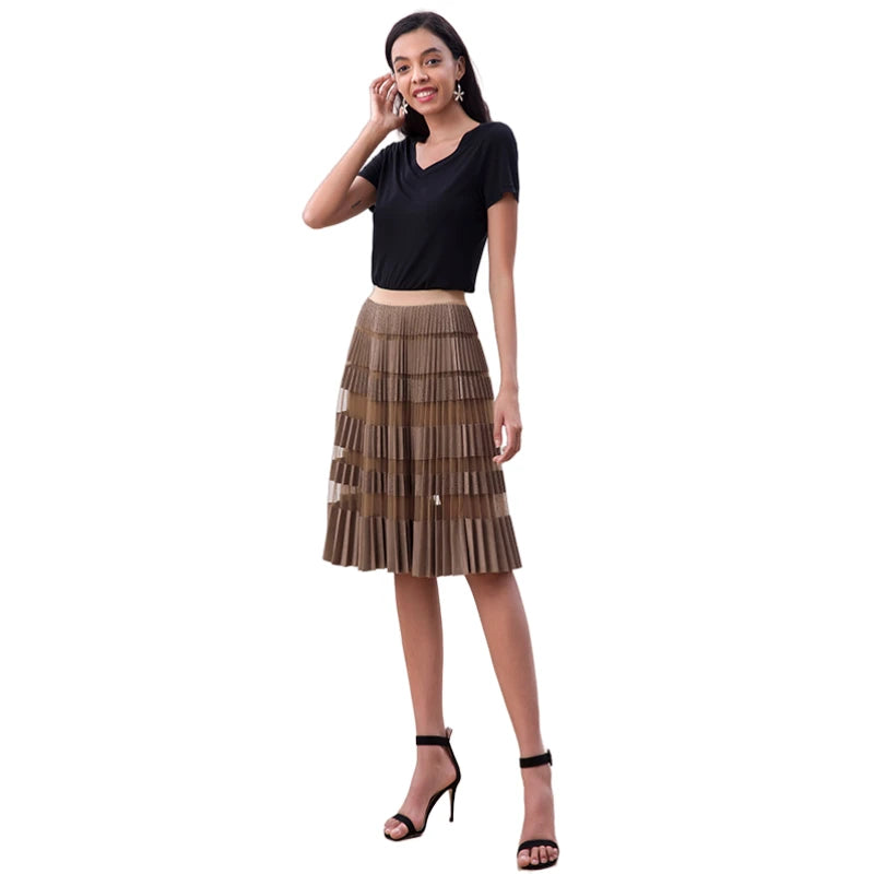 JJparty-S254 Women faux suede perforated panel mesh combo sunburst pleated midi skirt
