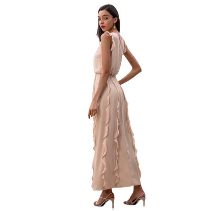 JJparty-D229 Women solid heavy georgette sleeveless ruffled detail A-shape maxi party dress