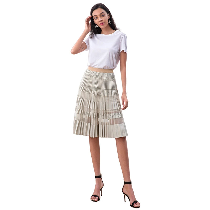 JJparty-S254 Women faux suede perforated panel mesh combo sunburst pleated midi skirt