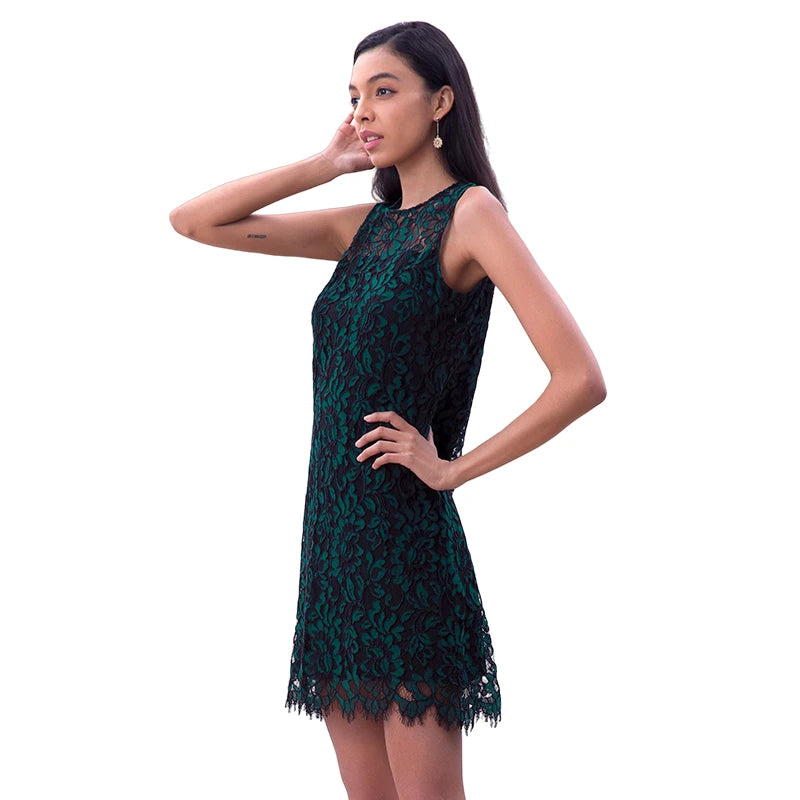 JJparty-D097-4 Women floral leaf eyelash lace sleeveless fitted day and party mini dress
