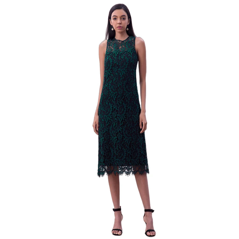 JJparty-D098-4 Women Two-tone floral leaf eyelash lace sleeveless straight-cut party midi dress