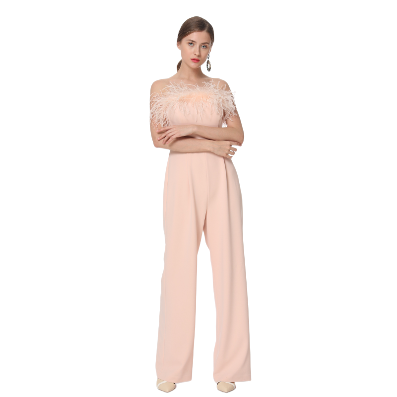 JJparty-D041 Women solid crepe feather-trimmed off-shoulder party jumpsuit