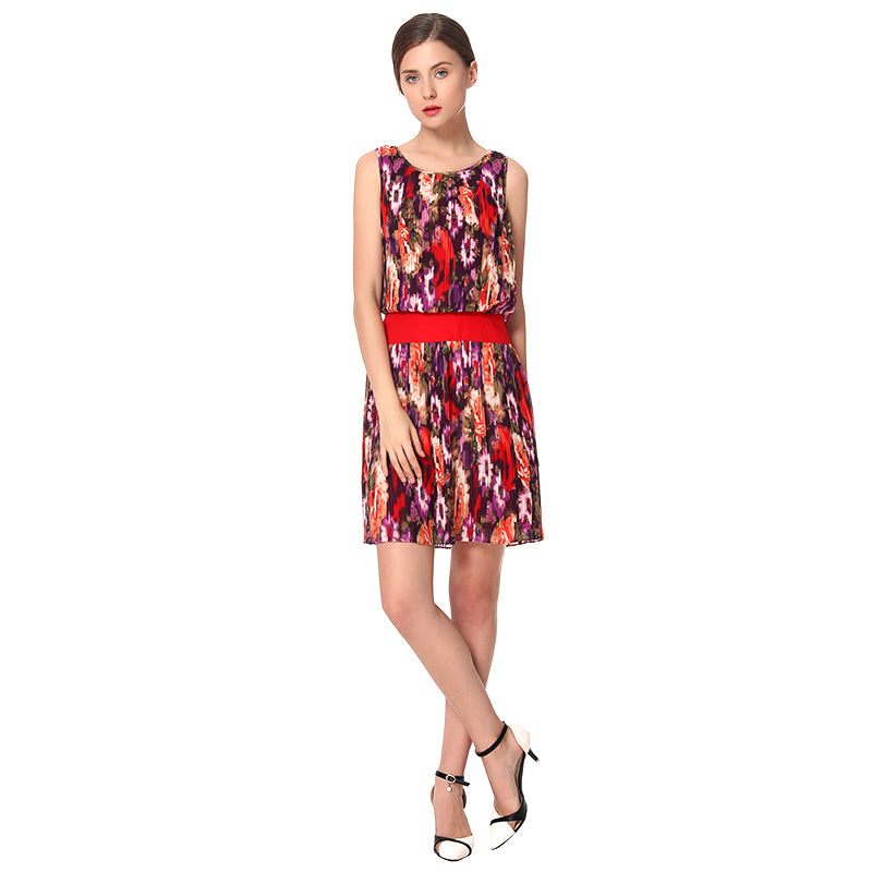 JJparty-D040 Women floral print boat neck sleeveless pleated mini party dress