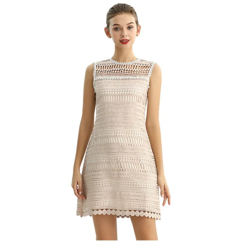 JJparty-D109 Women macramé lace sleeveless fitted day and party mini dress