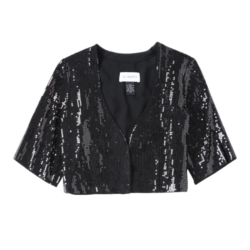 T046 Women sequined chiffon jacket V-neck short sleeves cropped blouse jacket