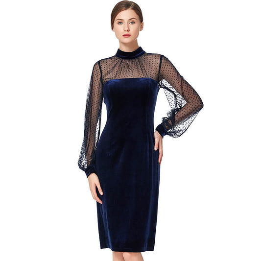 JJparty-D030 Women velvet knit mock neck long puff sleeves fitted midi party dress