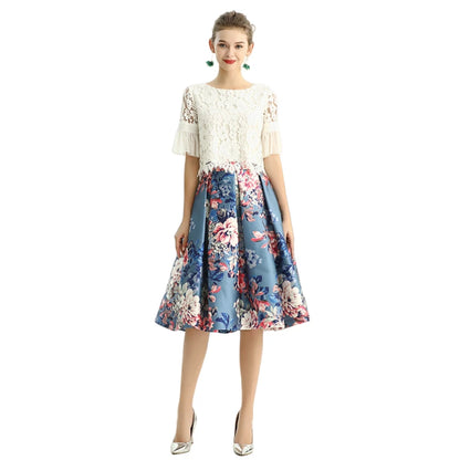 JJparty-S137 Women floral print inverted pleat A-line midi skirt