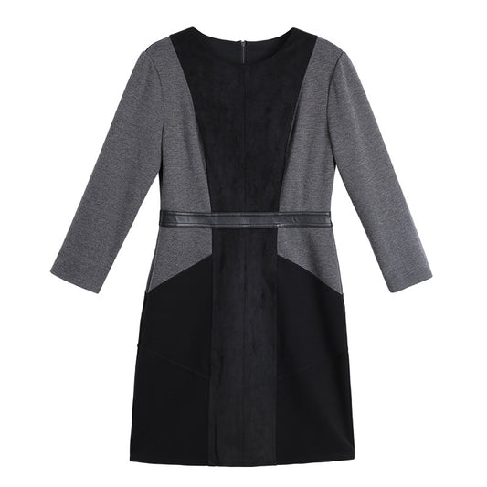 JJparty-1G70 Women heather knit faux suede color-block paneled smart casual short dress