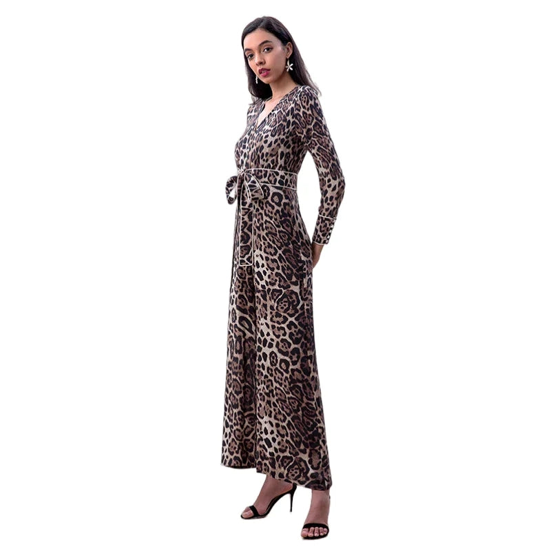 JJparty-R171 Women leopard print long sleeves flare leg jumpsuit