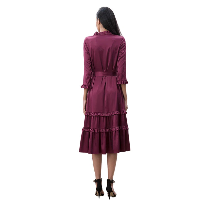 JJparty-D083-2 Women solid satin three quarters sleeves ruffle detailing tiered midi wrap dress