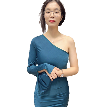 JJparty-D406 Women solid one-shoulder long sleeve ruched stretch-jersey bodycon dress