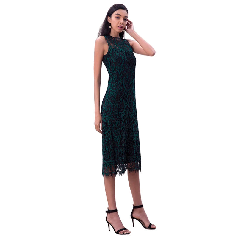 JJparty-D098-4 Women Two-tone floral leaf eyelash lace sleeveless straight-cut party midi dress