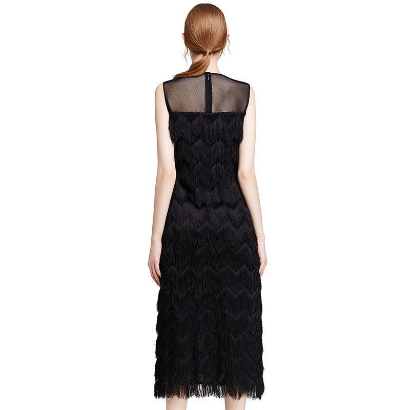 JJparty-D003 Women multi layers fringes sleeveless midi party dress