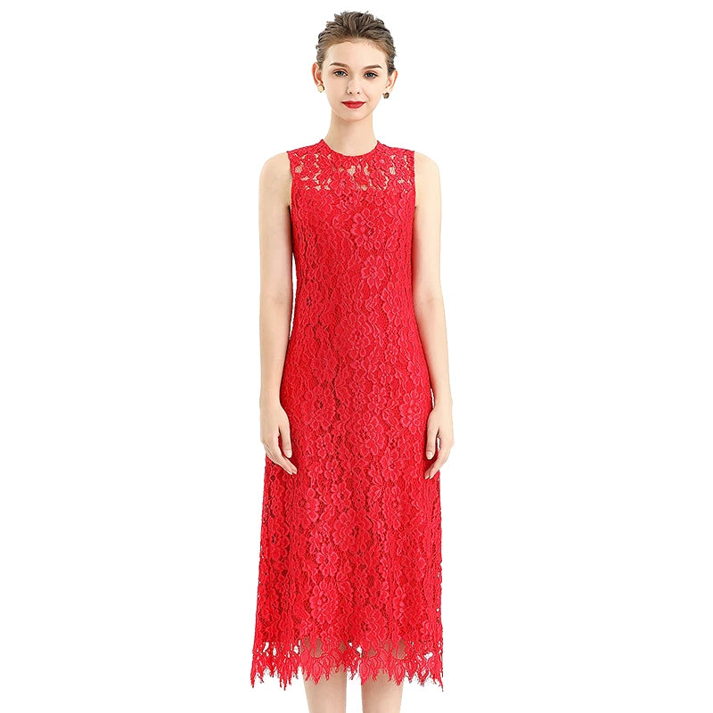 JJparty-D098 Women Floral eyelash lace sleeveless straight-cut party midi dress