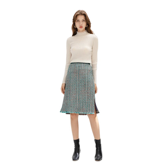 JJparty-C153 Women tweed plaid fringed hem A-line midi skirt