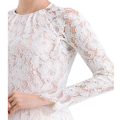 JJparty-D080-3 Women floral scallop lace long sleeves flared pleated party midi dress