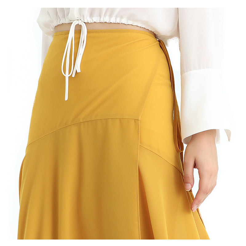 JJparty-S070-3 Women solid wrap design panelled asymmetric casual midi skirt
