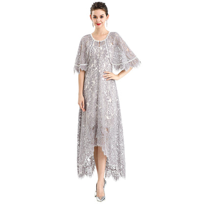 JJparty-D078-1 Women floral lace cape sleeve flared asymmetric hem midi evening dress