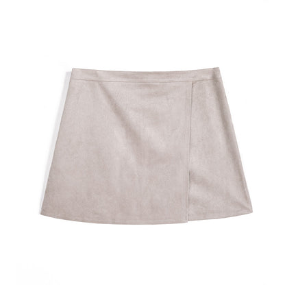 JJparty-G643 Women solid faux suede mock wrap mini skirt