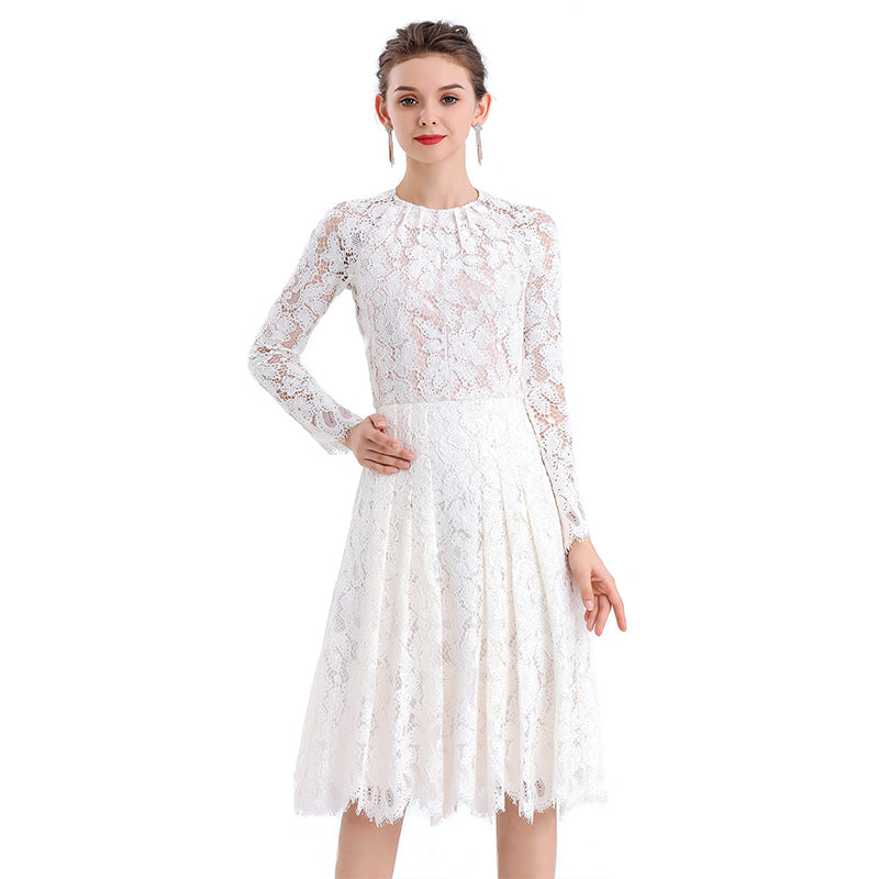 JJparty-D080-3 Women floral scallop lace long sleeves flared pleated party midi dress