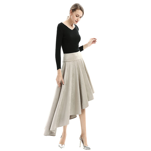 JJparty-S145 Women faux suede wide waistband full circle high low asymmetric flare skirt