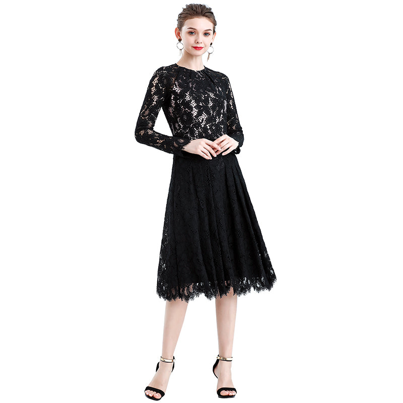 JJparty-D080-3 Women floral scallop lace long sleeves flared pleated party midi dress