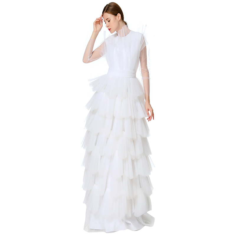 JJparty-D132 Women Girls satin top round neck pleated ruffle tiered tulle gown
