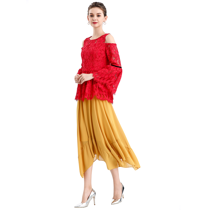 JJparty-S068-7 Women solid chiffon asymmetric panelled long flare handkerchief skirt