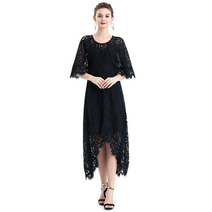 JJparty-D078-3 Women floral lace cape sleeve flared asymmetric hem midi evening dress