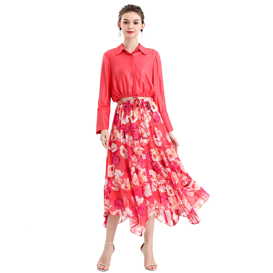 JJparty-S068-8 Women floral print chiffon asymmetric panelled long flare handkerchief skirt