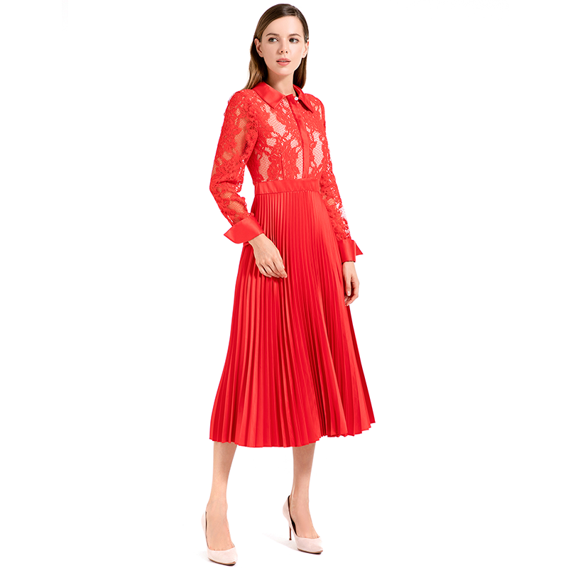 JJparty-D017 Women floral lace satin combo long sleeves shirt collar pleated midi party dress