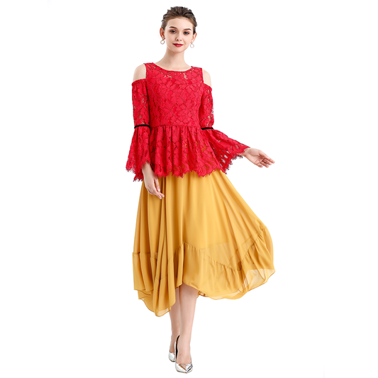 JJparty-S068-7 Women solid chiffon asymmetric panelled long flare handkerchief skirt