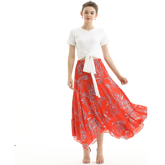 JJparty-S068 Women floral print asymmetric panelled long flare handkerchief skirt