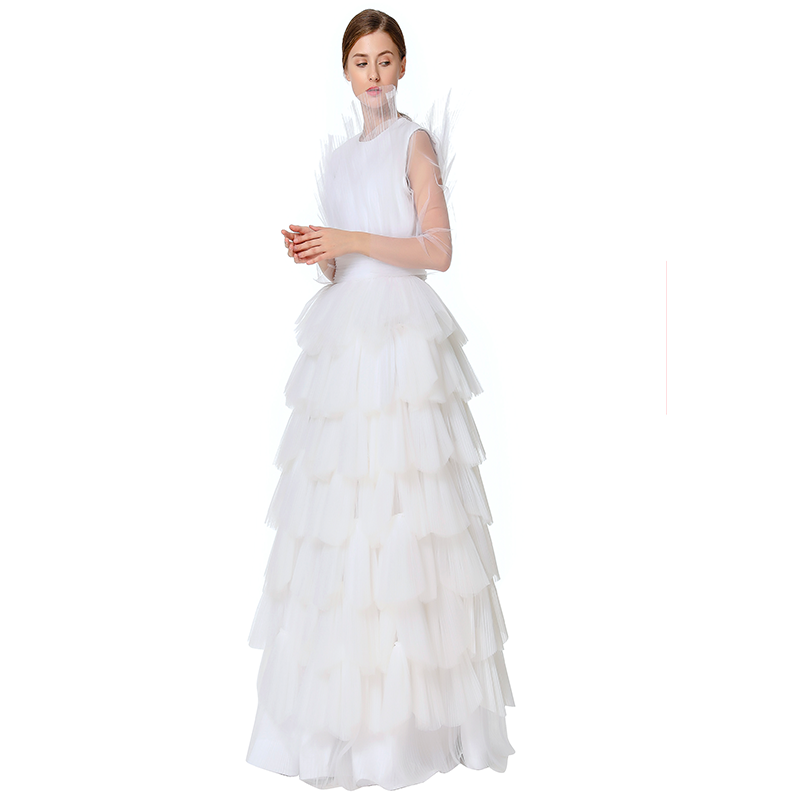 JJparty-D132 Women Girls satin top round neck pleated ruffle tiered tulle gown