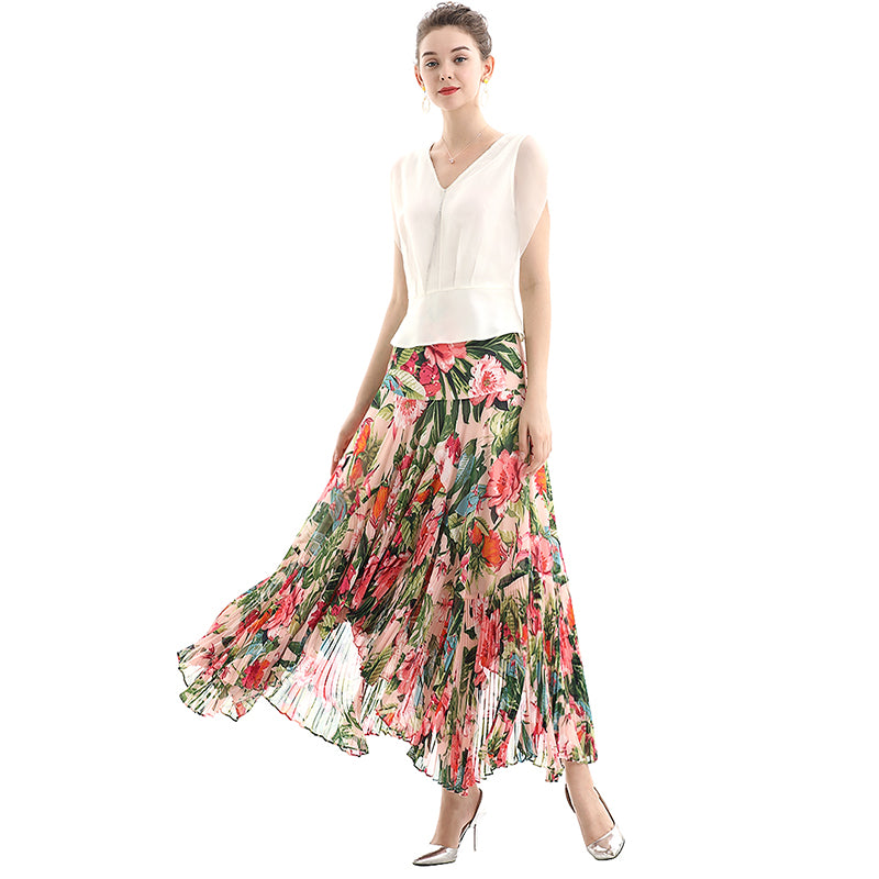 JJparty-S069-2 Women floral print panelled asymmetric pleated ruffle long flare skirt