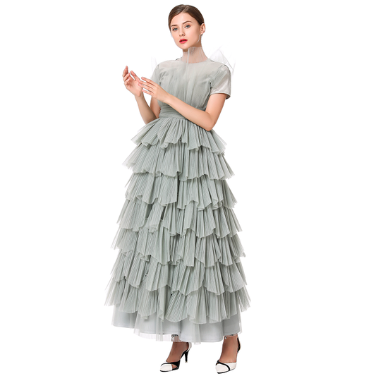 JJparty-D132-1 Girls velvet short sleeves top pleated ruffle tiered tulle gown