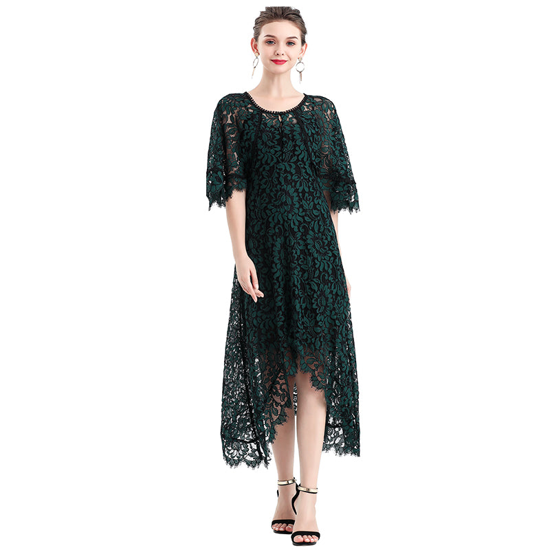 JJparty-D078-3 Women floral lace cape sleeve flared asymmetric hem midi evening dress