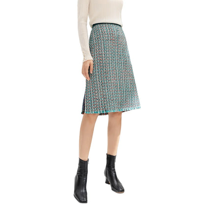 JJparty-C153 Women tweed plaid fringed hem A-line midi skirt