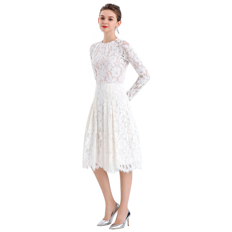 JJparty-D080-3 Women floral scallop lace long sleeves flared pleated party midi dress