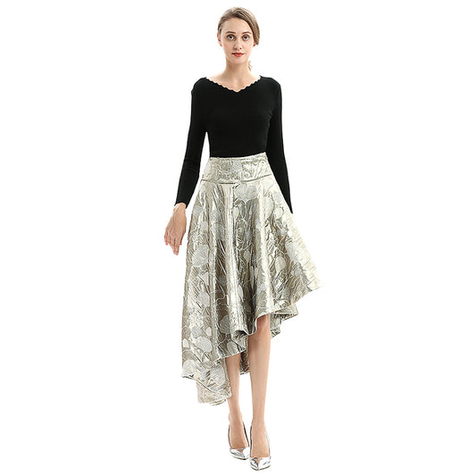 JJparty-S144 Women metallic bubble jacquard full circle asymmetric flare party skirt