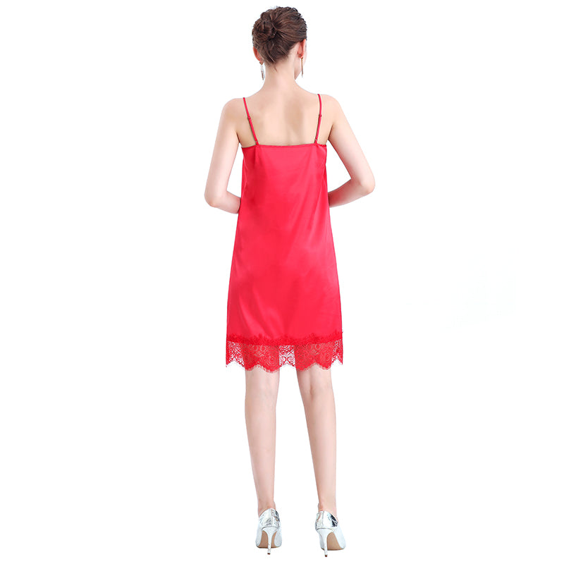 JJparty-D102 Women solid polyester lace trimmed strappy mini slip dress