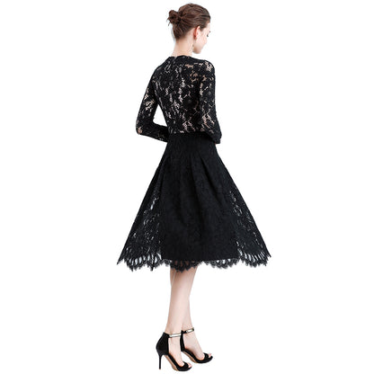 JJparty-D080-3 Women floral scallop lace long sleeves flared pleated party midi dress