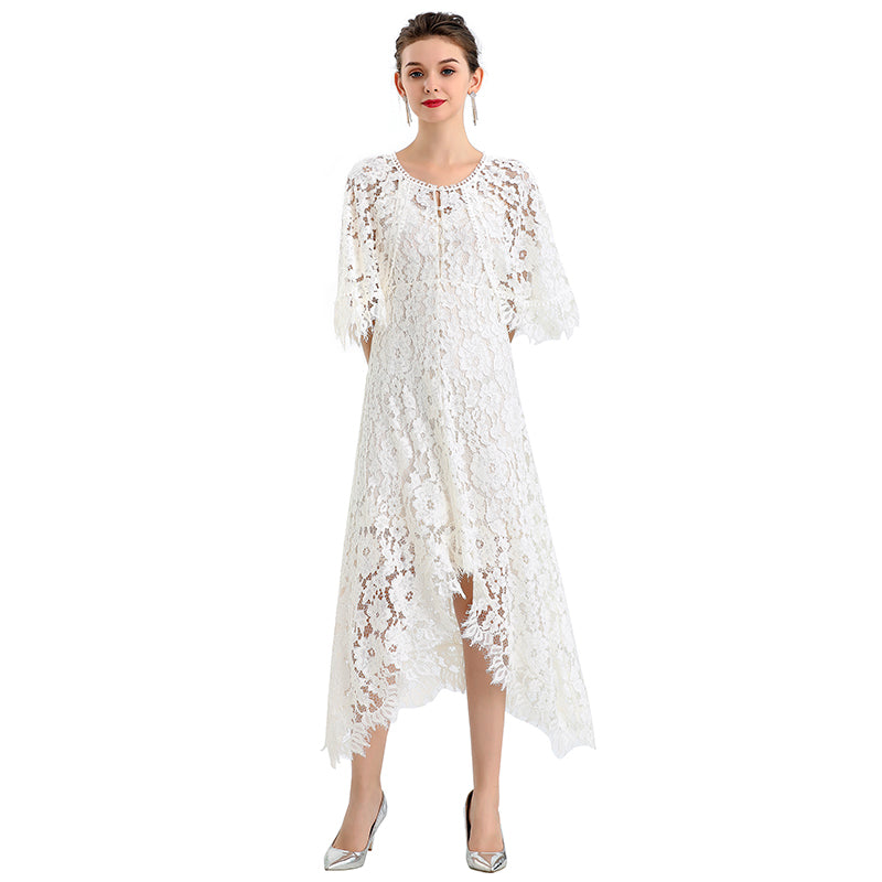 JJparty-D078-4 Women peony lace cape sleeve flared asymmetric hem midi evening dress