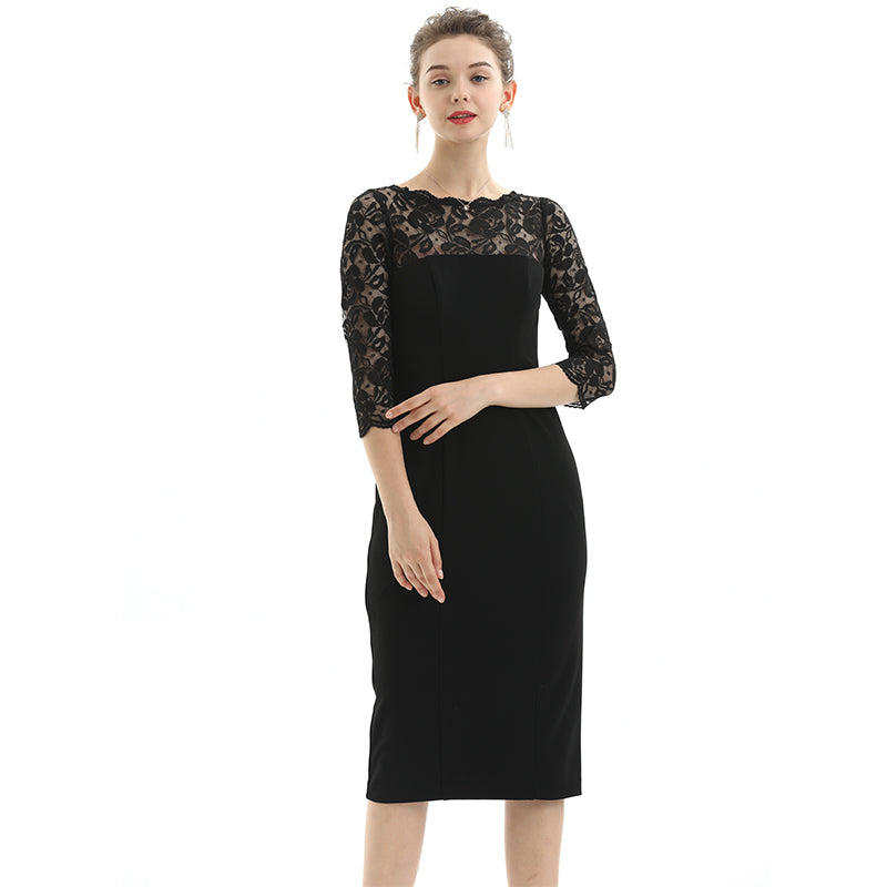JJparty-D072 Women polyester knit scallop lace panel three-quarter sleeves fitted party midi dress